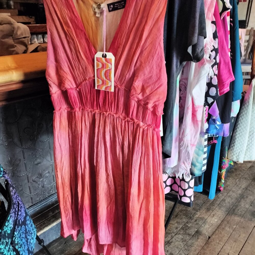 Upcycled fashion art! Red, pink, & orange gauzy hand-dyed tie-dye Mini Dress!